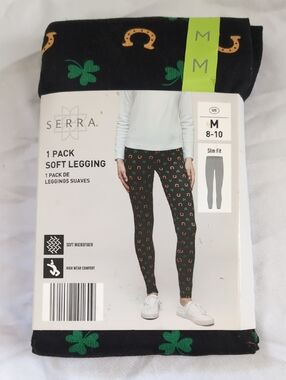 Serra Black Lucky Clover & Horseshoe Soft Leggings - M (8-10)